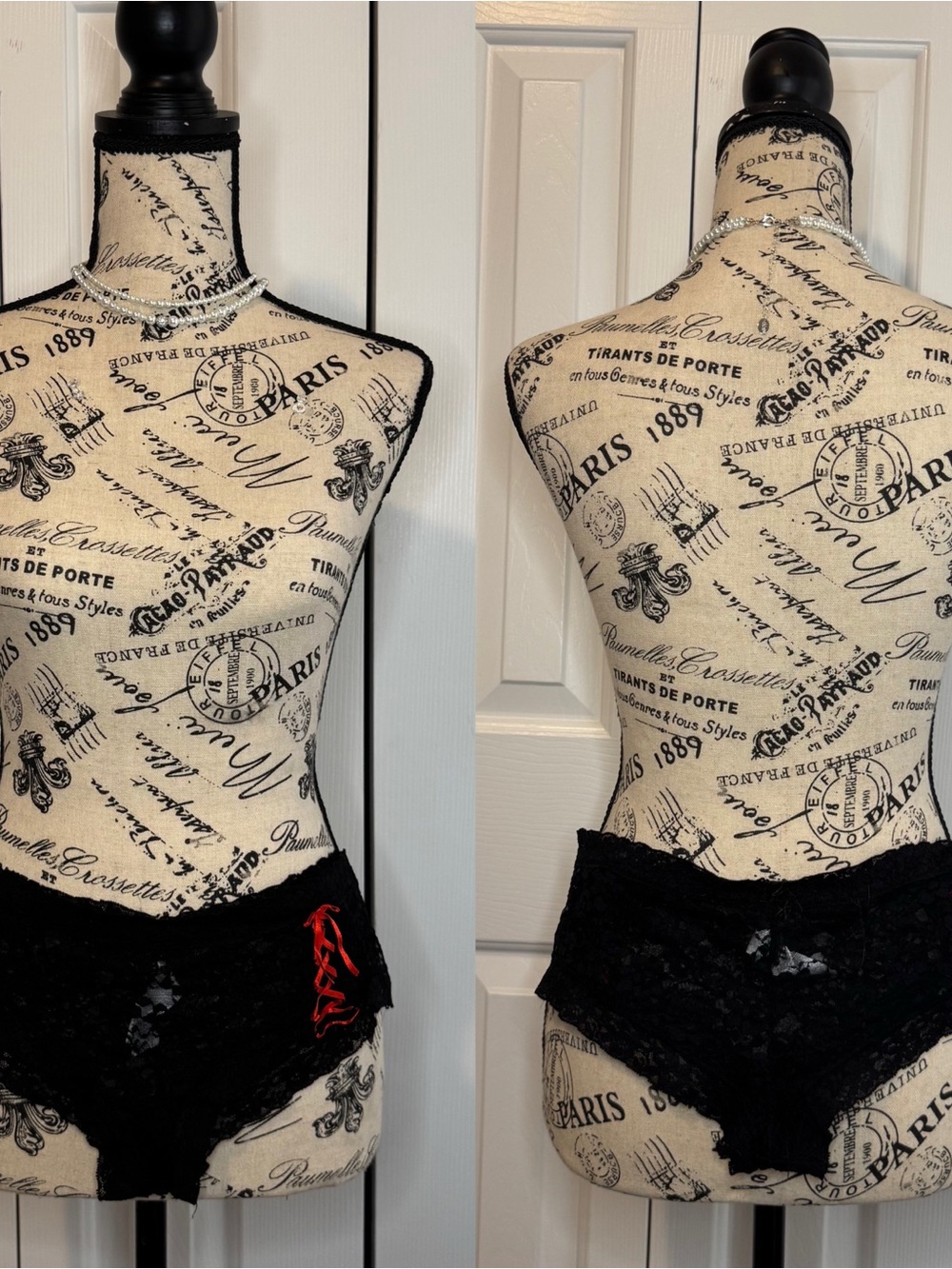 Vintage Black Lace Panties with Red Accent